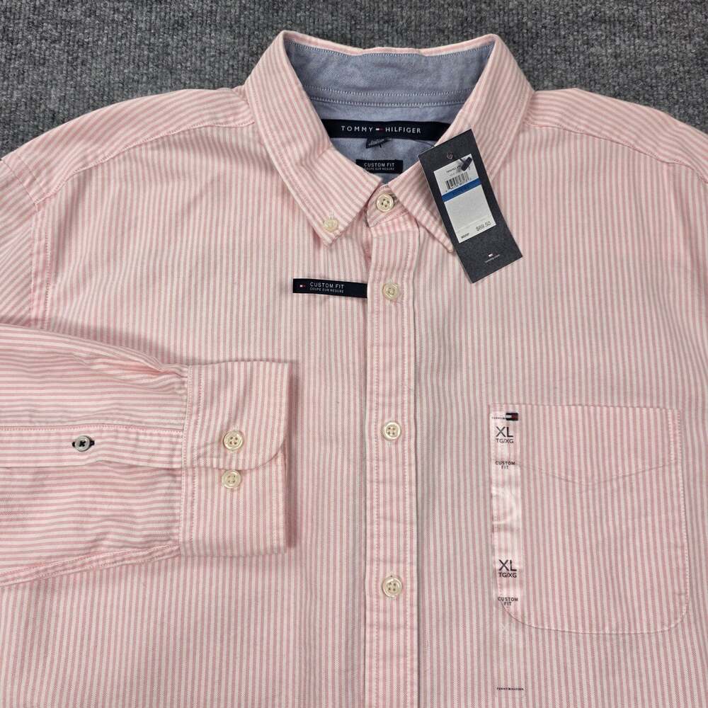 Tommy Hilfiger Shirt Mens XL Pink Stripe Long Sleeve Oxford Cloth Button Down